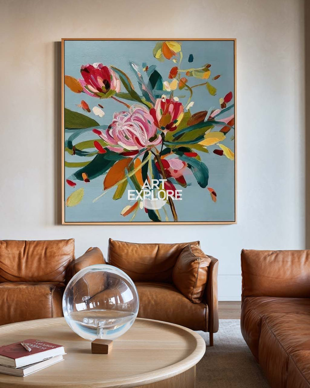 Modern Blue Bloom Square Painting Large Space Cozy Textured Floral Art - ArtExplore