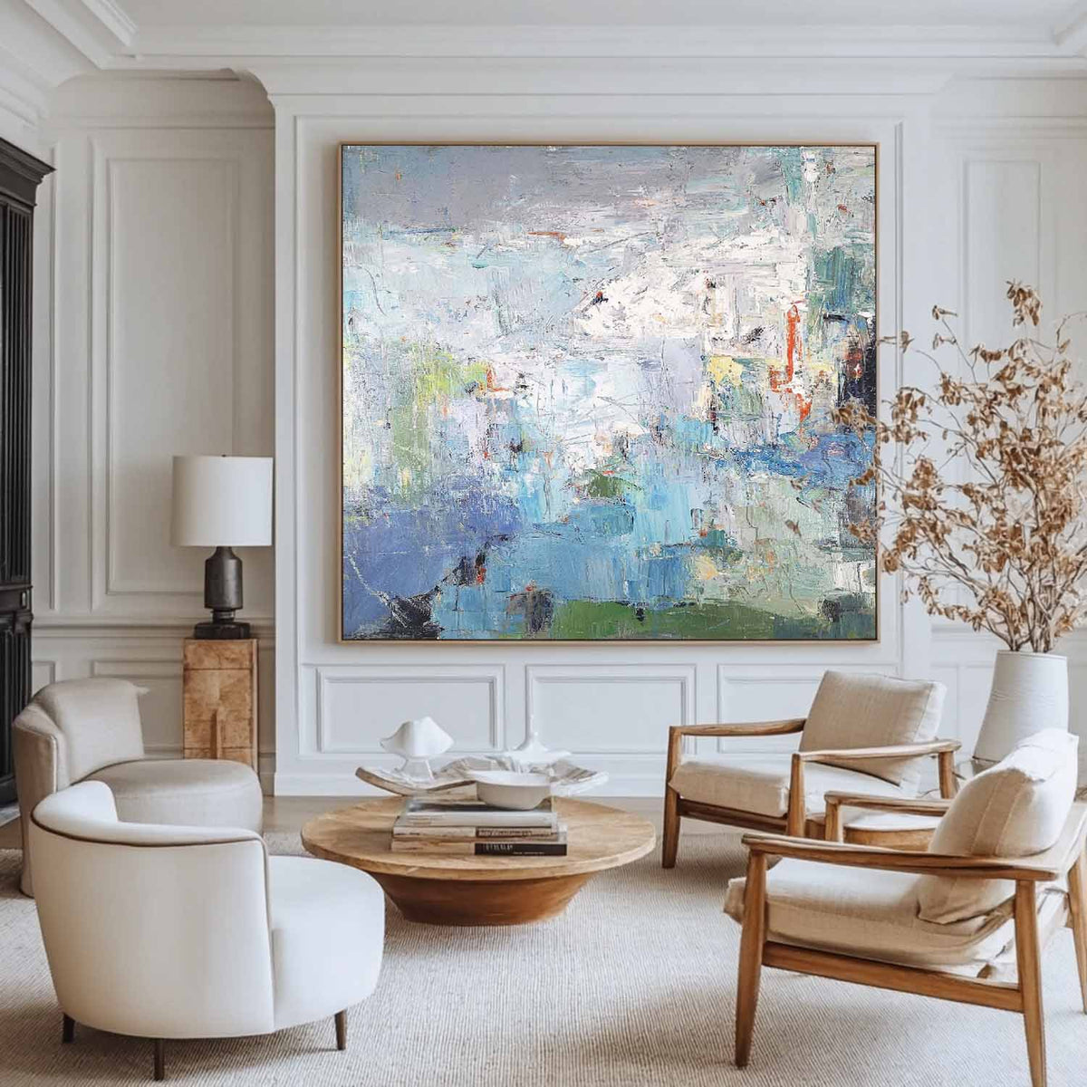 Modern Blue Green Wall Art Textured Wall Art Large Blue Minimalist Canvas Abstract Painting For Sale