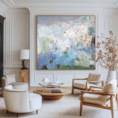 Modern Blue Green Wall Art Textured Wall Art Large Blue Minimalist Canvas Abstract Painting For Sale