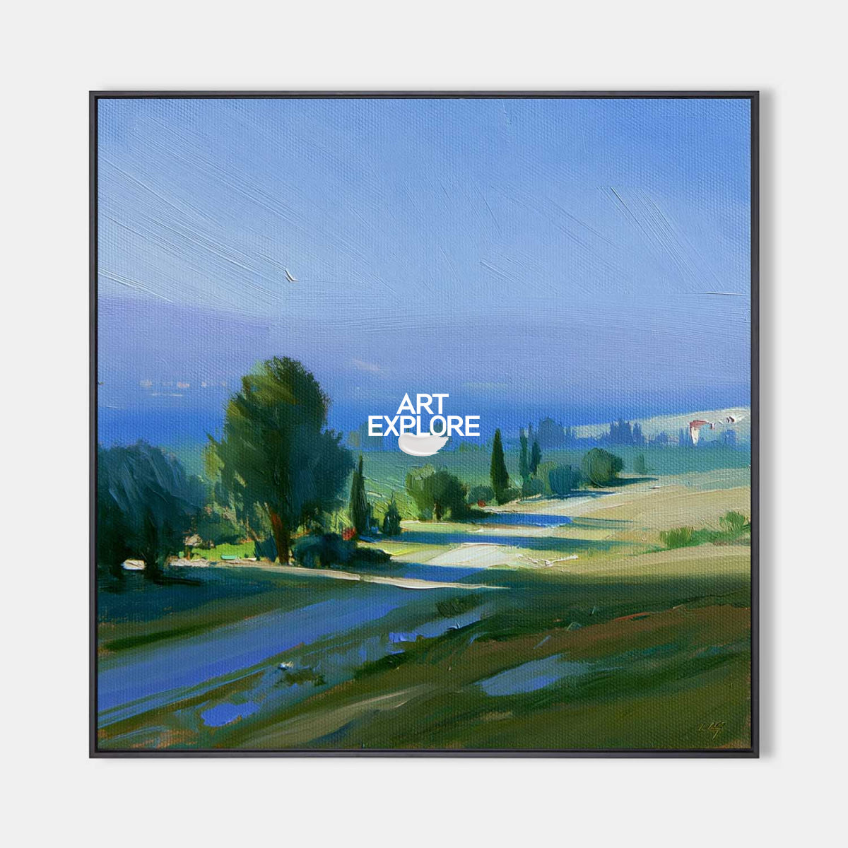 Modern Blue Green Landscape Painting Square Canvas Art For Living Room Decor