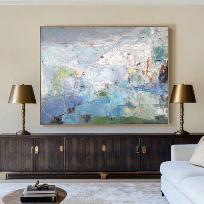 Modern Blue Green Wall Art Textured Wall Art Large Blue Minimalist Canvas Abstract Painting For Sale