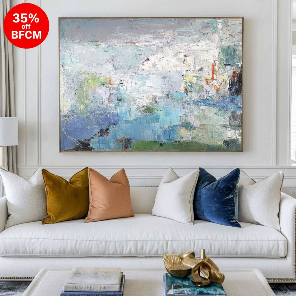 Modern Blue Green Wall Art Textured Wall Art Large Blue Minimalist Canvas Abstract Painting For Sale