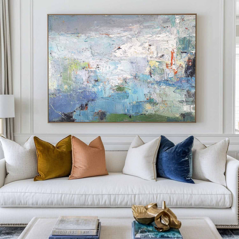 Modern Blue Green Wall Art Textured Wall Art Large Blue Minimalist Canvas Abstract Painting For Sale