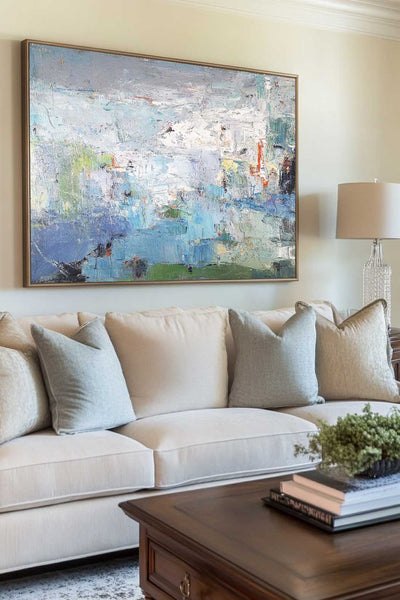 Modern Blue Green Wall Art Textured Wall Art Large Blue Minimalist Canvas Abstract Painting For Sale