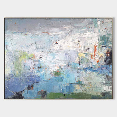 Modern Blue Green Wall Art Textured Wall Art Large Blue Minimalist Canvas Abstract Painting For Sale