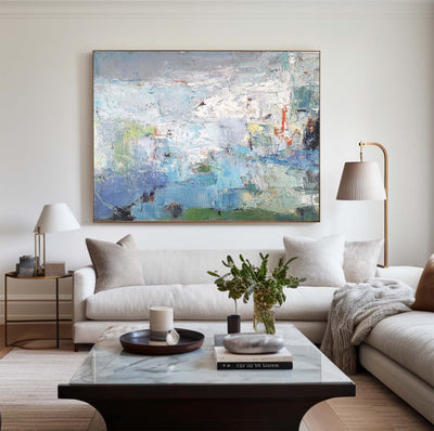 Modern Blue Green Wall Art Textured Wall Art Large Blue Minimalist Canvas Abstract Painting For Sale