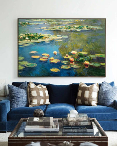 Modern Blue Green Water Lily Painting Large Lake Landscape Wall Art Blue Swamp Wall Art For Sale