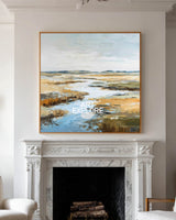 Modern Blue Lake Landscape Art Large Square Textured Handmade Canvas | ArtExplore