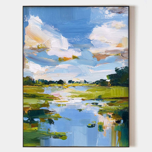 Modern Blue Lake Landscape Painting Large Pond Oil Painting Blue Green Texture Abstract Wall Art