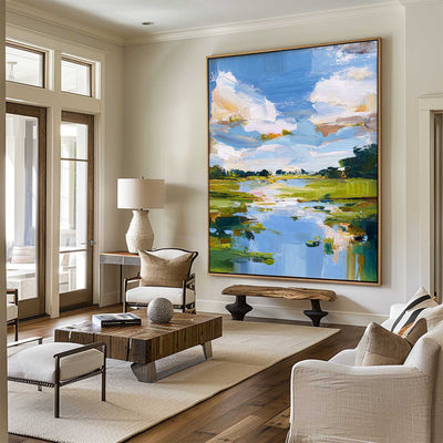 Modern Blue Lake Landscape Painting Large Pond Oil Painting Blue Green Texture Abstract Wall Art