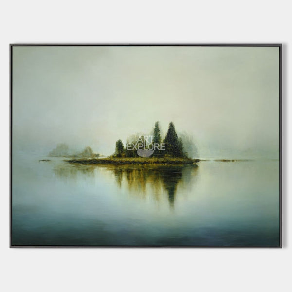 Modern Blue Lake Reflection Painting | Large Minimalist Landscape Art For Livingroom | ArtExplore