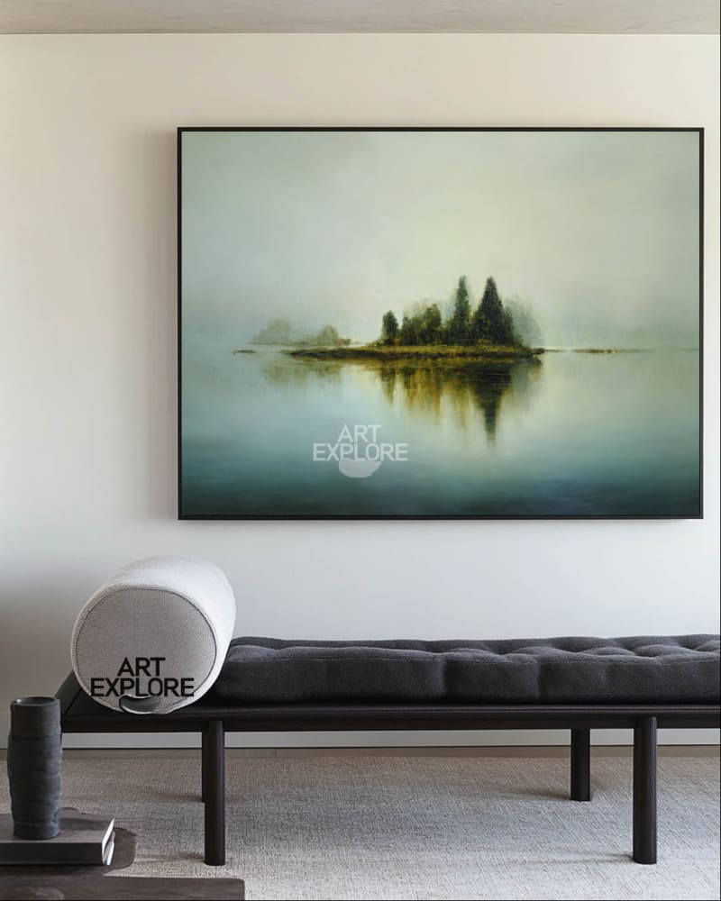 Modern Blue Lake Reflection Wall Art | Large Horizontal Minimalist Canvas ArtExplore