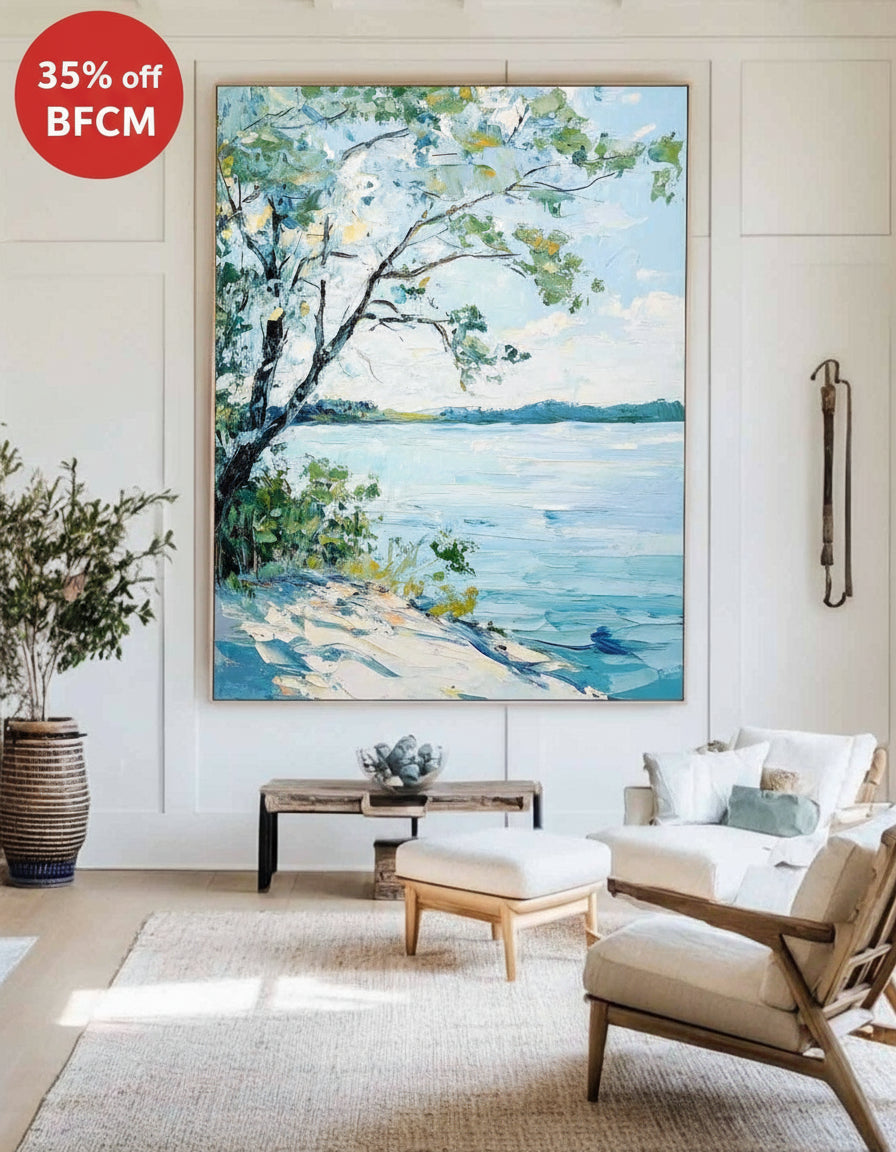 Modern Blue Lake View Painting Large Landscape Painting Blue Textured Lake Wall Art for Sale