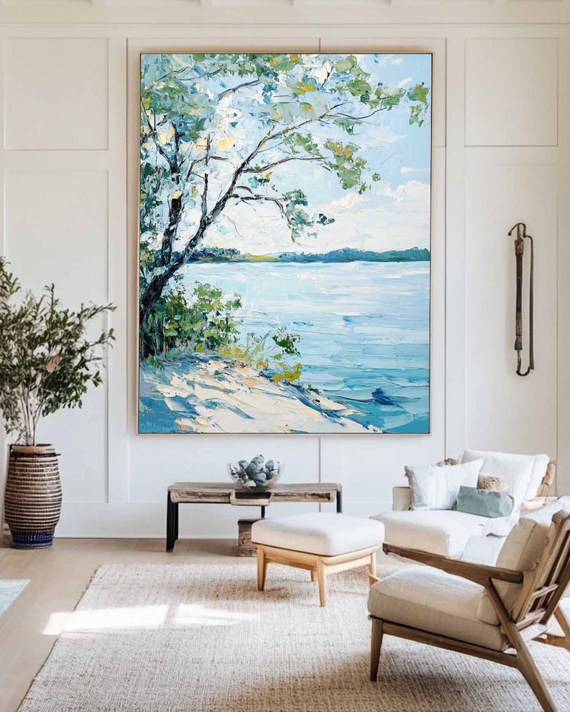 Modern Blue Lake View Painting Large Landscape Painting Blue Textured Lake Wall Art for Sale