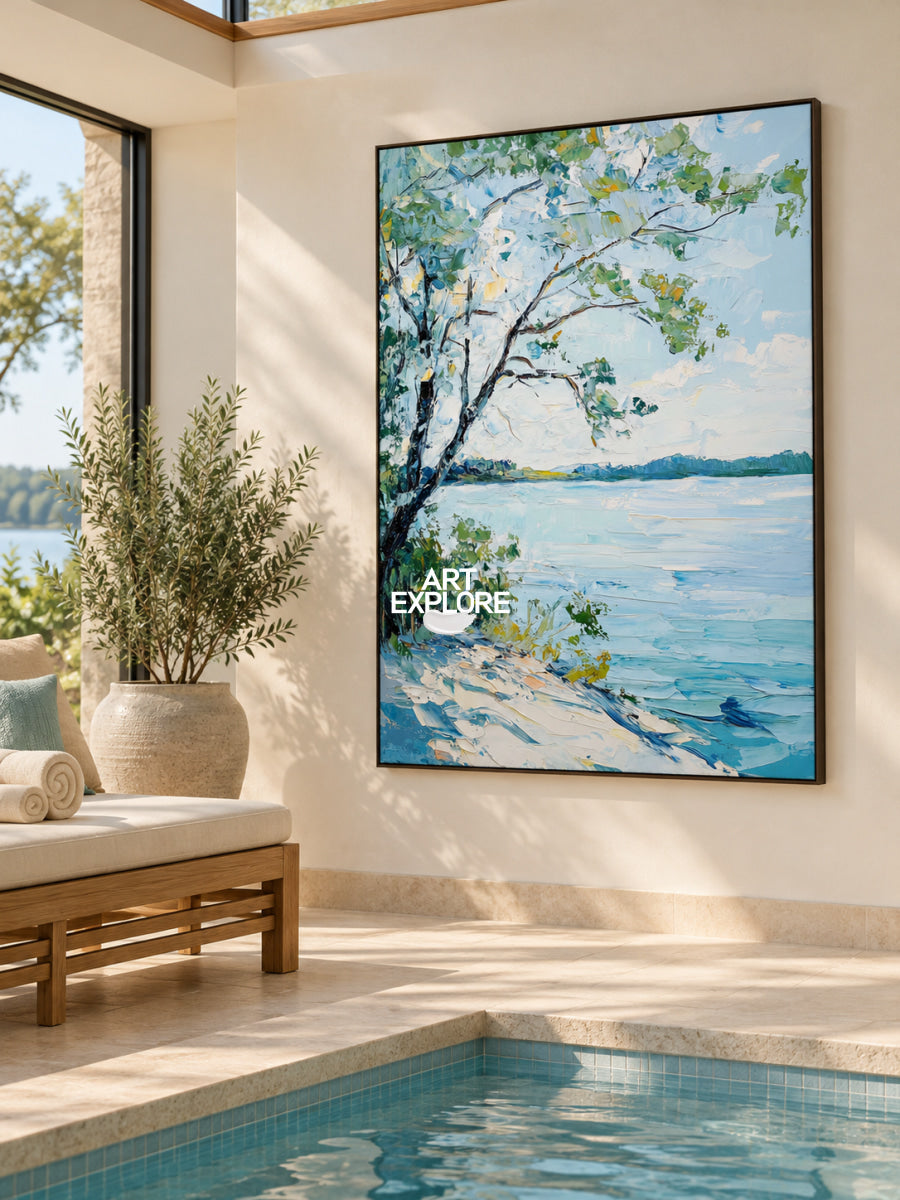 Modern Blue Lake View Painting Palette Knife Painting Large Landscape Blue Textured Lake Wall Art