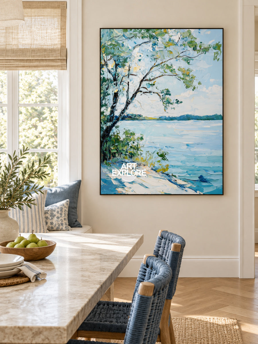 Modern Blue Lake View Painting Palette Knife Painting Large Landscape Blue Textured Lake Wall Art