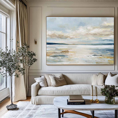 Modern Blue Landscape Wall Art – Large Oil Painting of Sunrise Over Misty Lake by ArtExplore