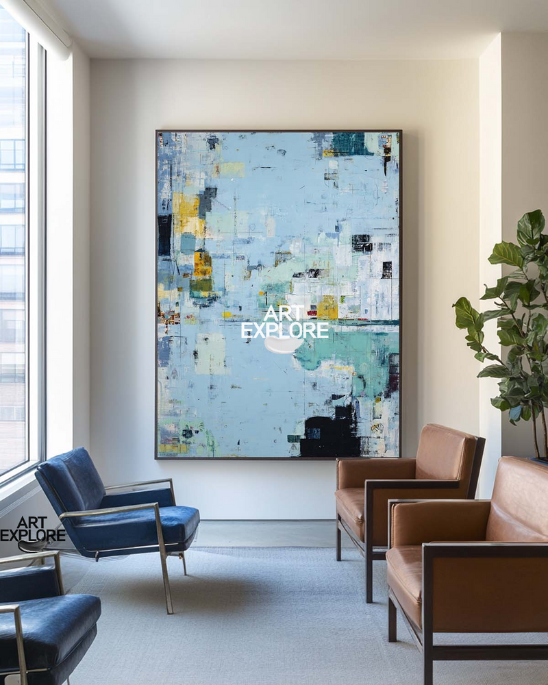 Modern Blue Minimalist Oil Painting, Vertical Handmade Canvas Wall Art for Large Walls – ArtExplore