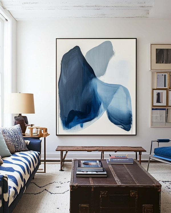 Modern Blue White Abstract Canvas Art Blue Minimalist Wall Painting Large Blue Wall Art For Sale