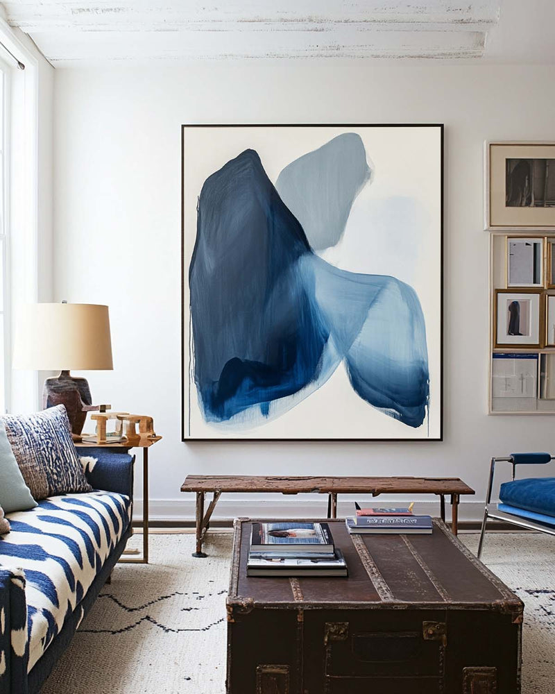 Modern Blue White Abstract Canvas Art Blue Minimalist Wall Painting Large Blue Wall Art For Sale