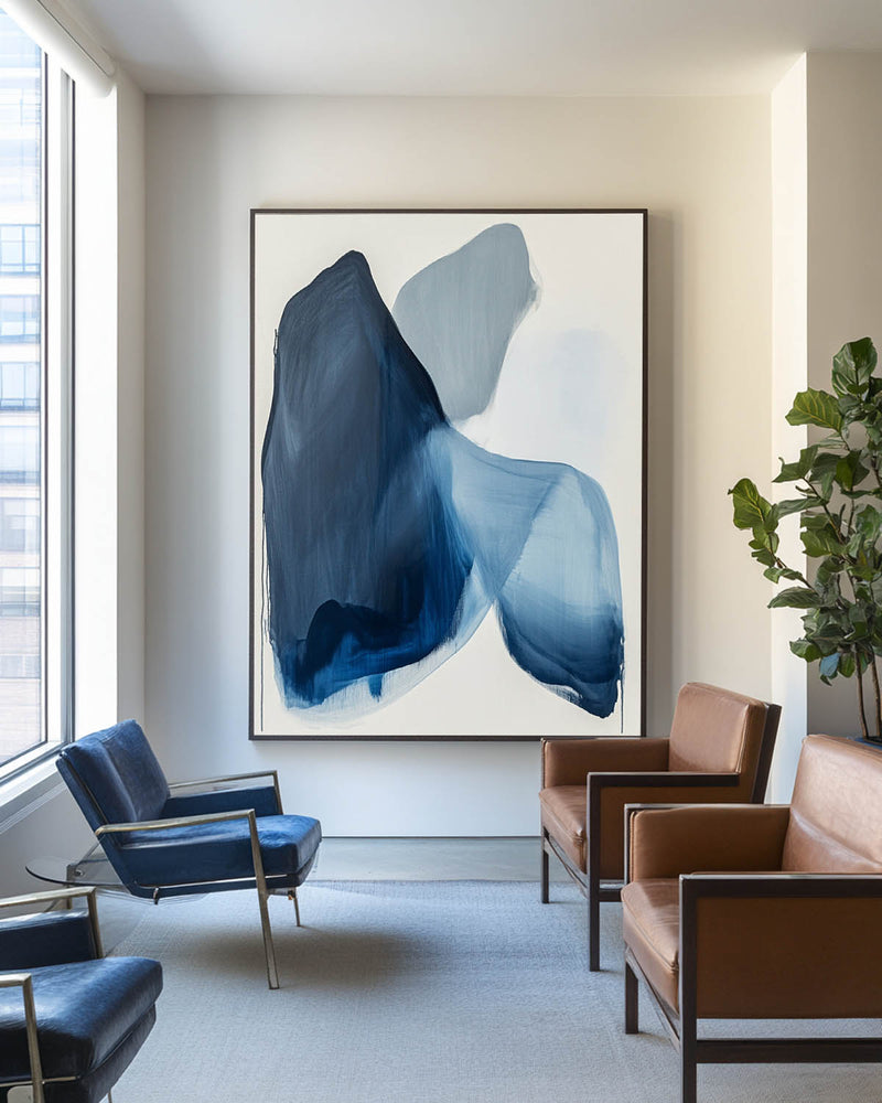 Modern Blue White Abstract Canvas Art Blue Minimalist Wall Painting Large Blue Wall Art For Sale