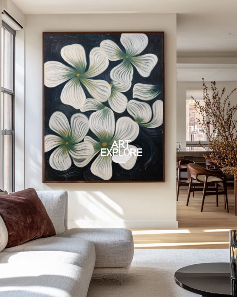 Modern Boho Floral Wall Art, Large Black & White Painting | ArtExplore
