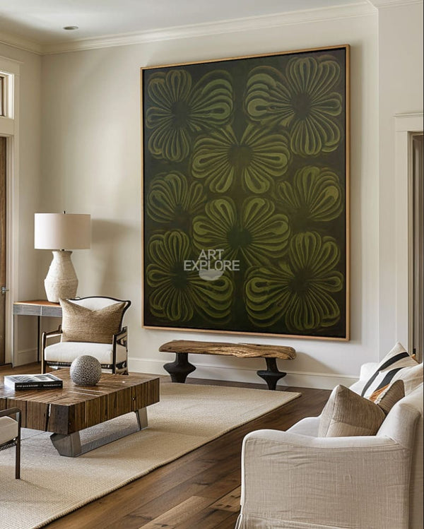 Modern Boho Flower Painting, Dark Green Minimalist Wall Decor | ArtExplore