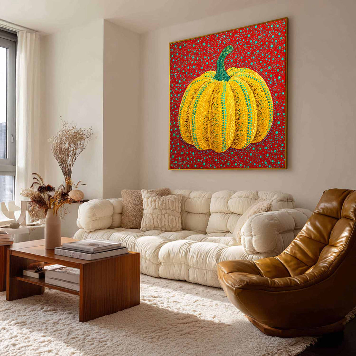 Modern Bold Color Pumpkin Wall Art Yayoi Kusama Painting, Large Pumpkin Painting for Living Room, ArtExplore