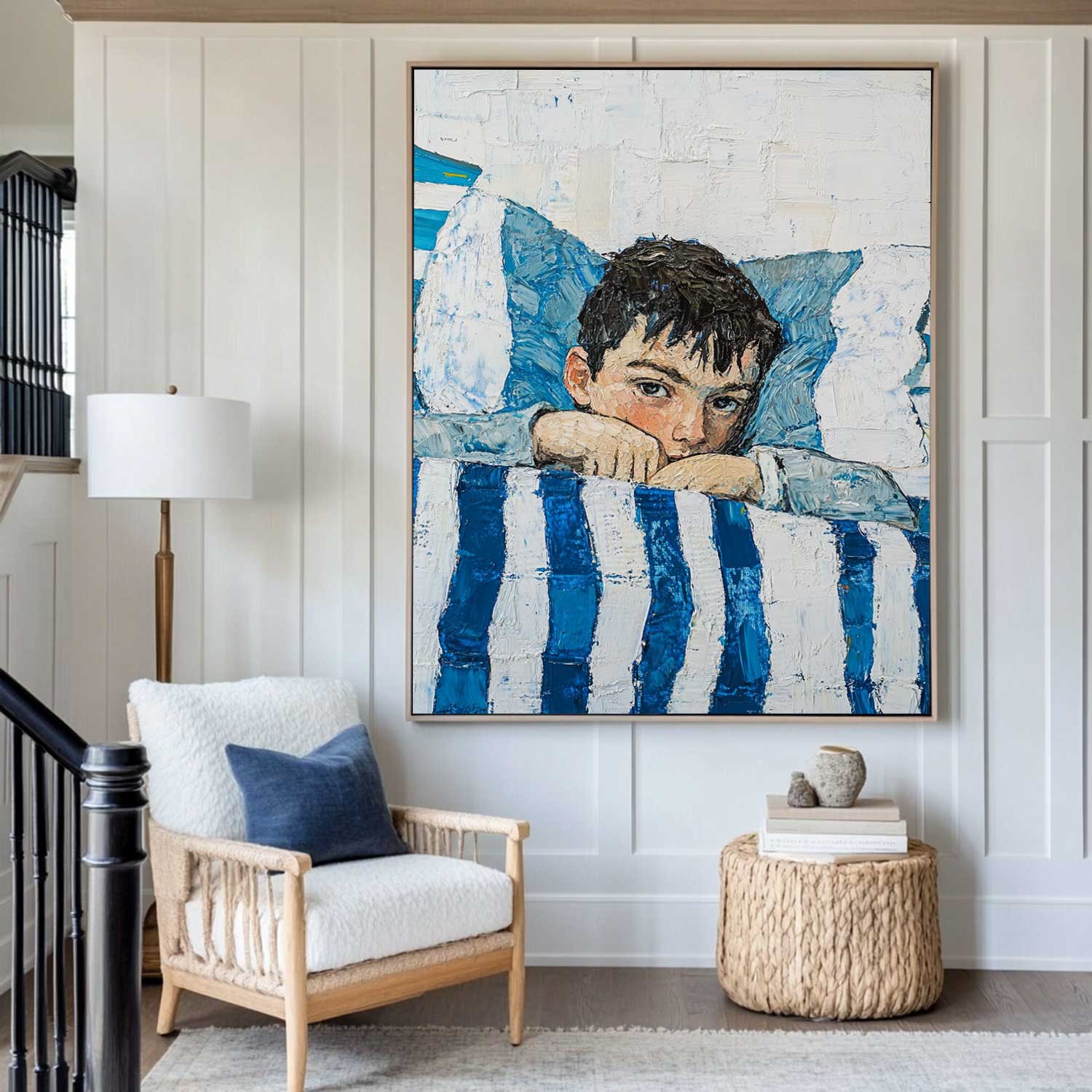 Large Boy's Portrait Oil Painting, Boy with Blue Shirt Wall Art Modern Impressionistic Painting