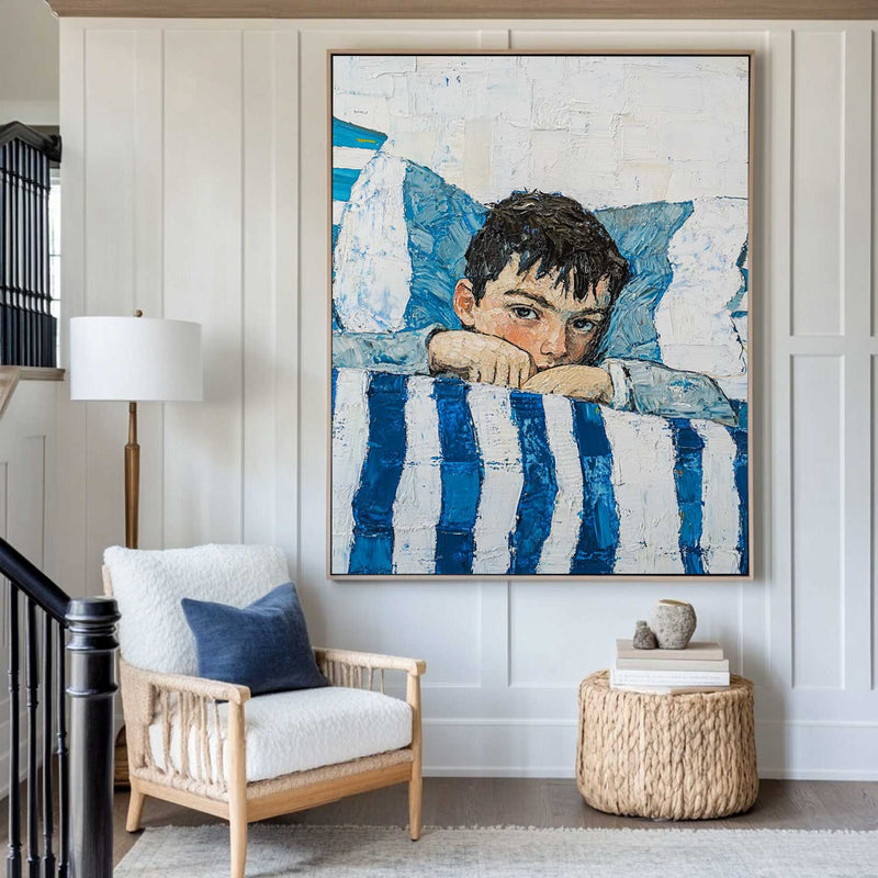 Large Boy's Portrait Oil Painting, Boy with Blue Shirt Wall Art Modern Impressionistic Painting