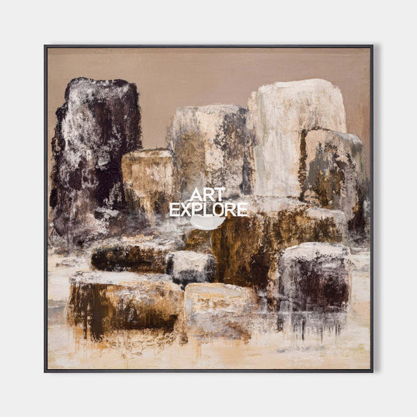 Modern Brown Rock Cliff Painting | Large Handmade Textured Square Canvas ArtExplore