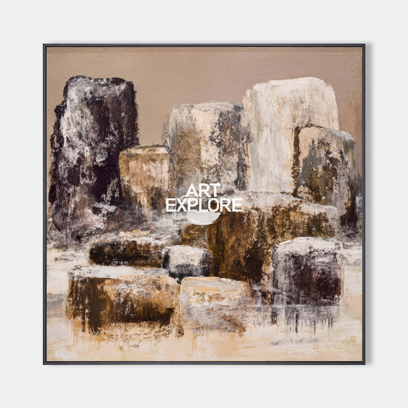 Modern Brown Rock Cliff Painting | Large Handmade Textured Square Canvas ArtExplore