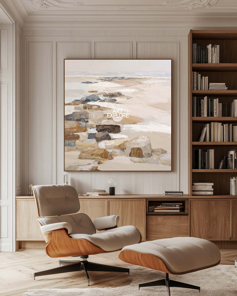 Modern Brown Rock Landscape | Handmade Textured Square Canvas for Living Spaces