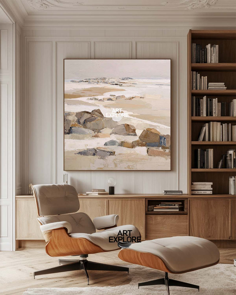Modern Brown Rock Seascape Art | Handmade Square Textured Canvas Wall Art