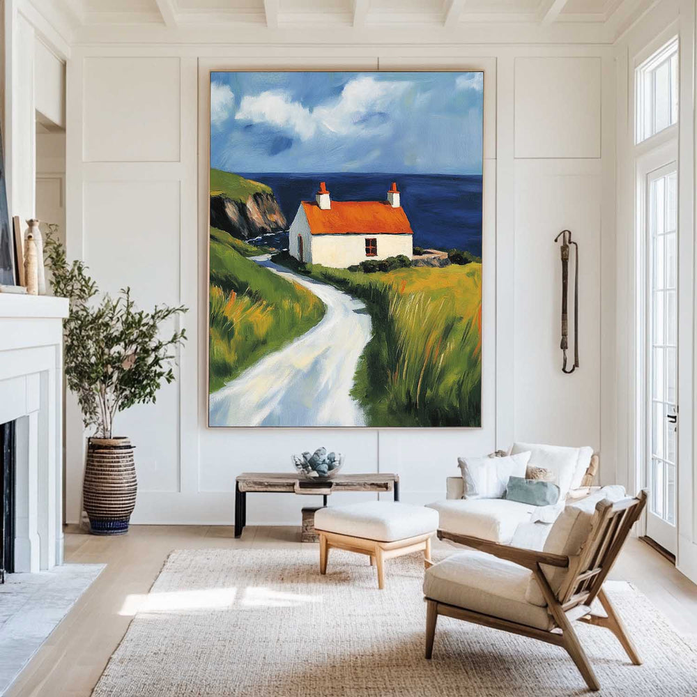 Red Cabin View Wall Art Large Textured Field Scenery Wall Art Modern Fine Art Paintings for Sale