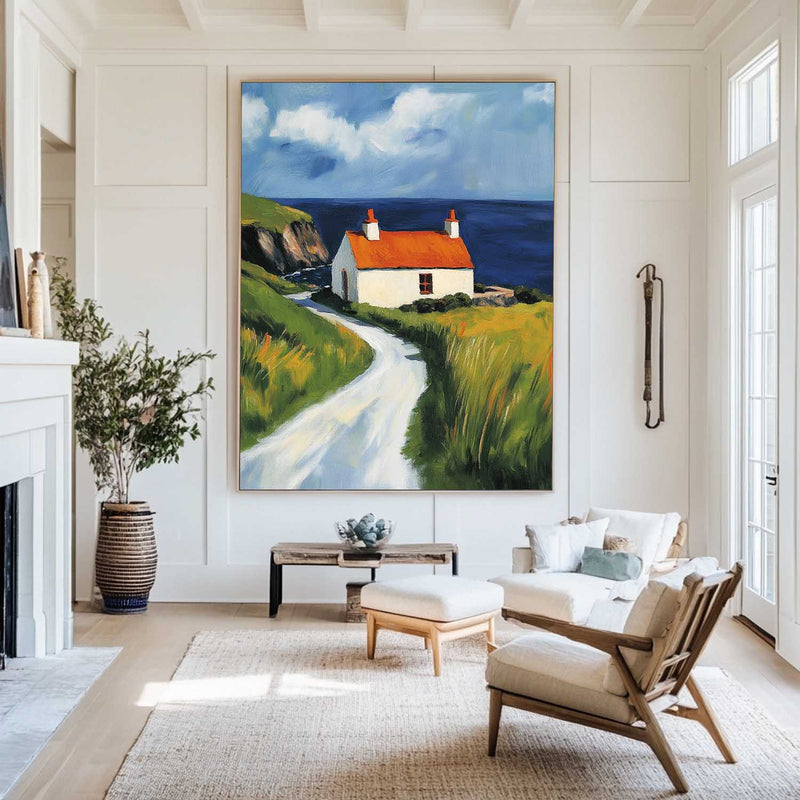 Red Cabin View Wall Art Large Textured Field Scenery Wall Art Modern Fine Art Paintings for Sale