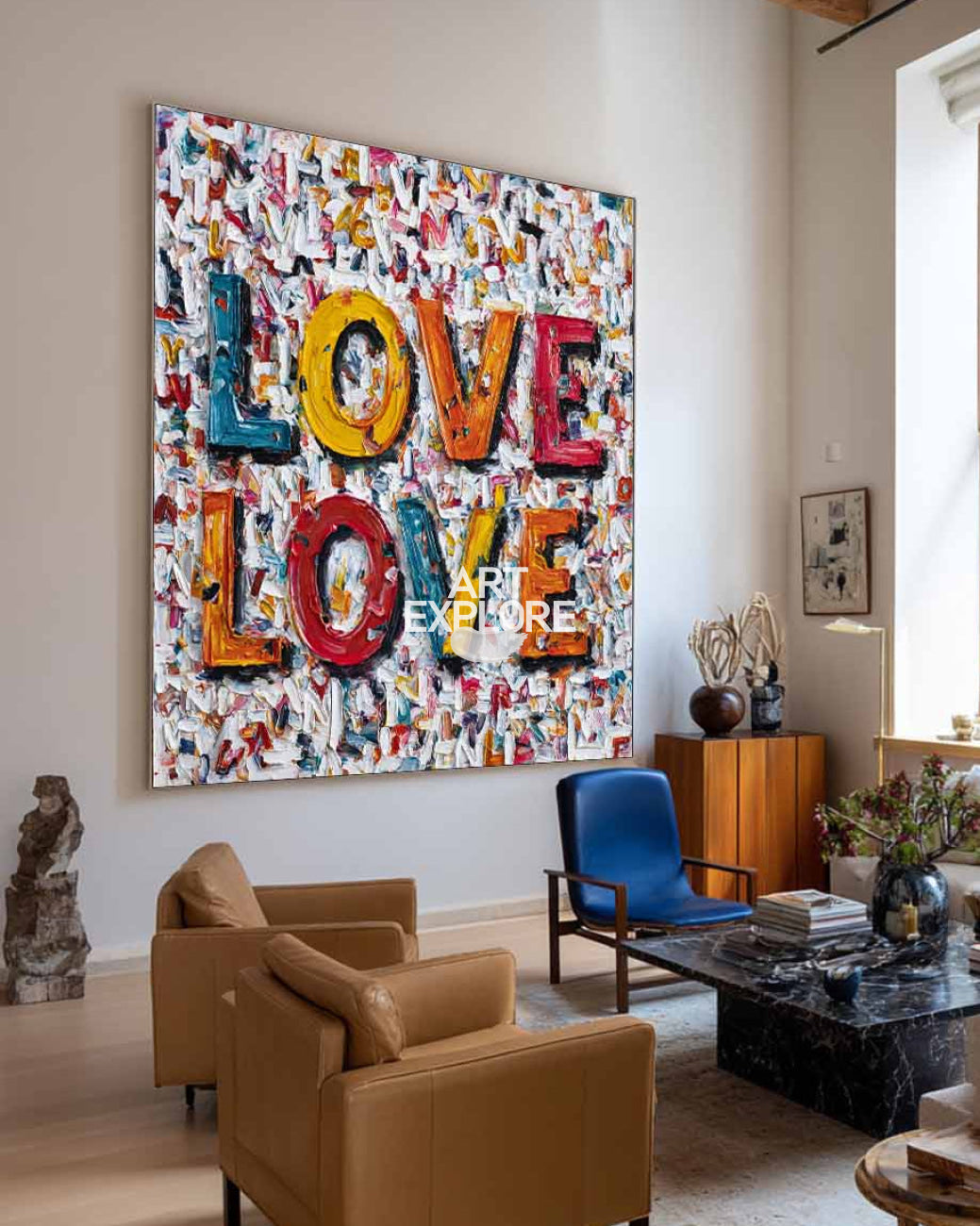 Modern Colorful Love Painting - Large Textured Square Wall Decor | ArtExplore