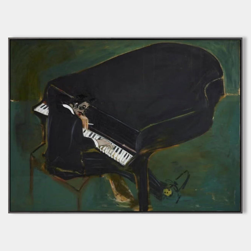Modern Dark Green Piano Art – Large Handmade Oil Painting | ArtExplore