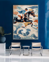 Modern Equestrian Oil Canvas Art | Vertical Large Blue Textured Horse Riding Wall Art | ArtExplore