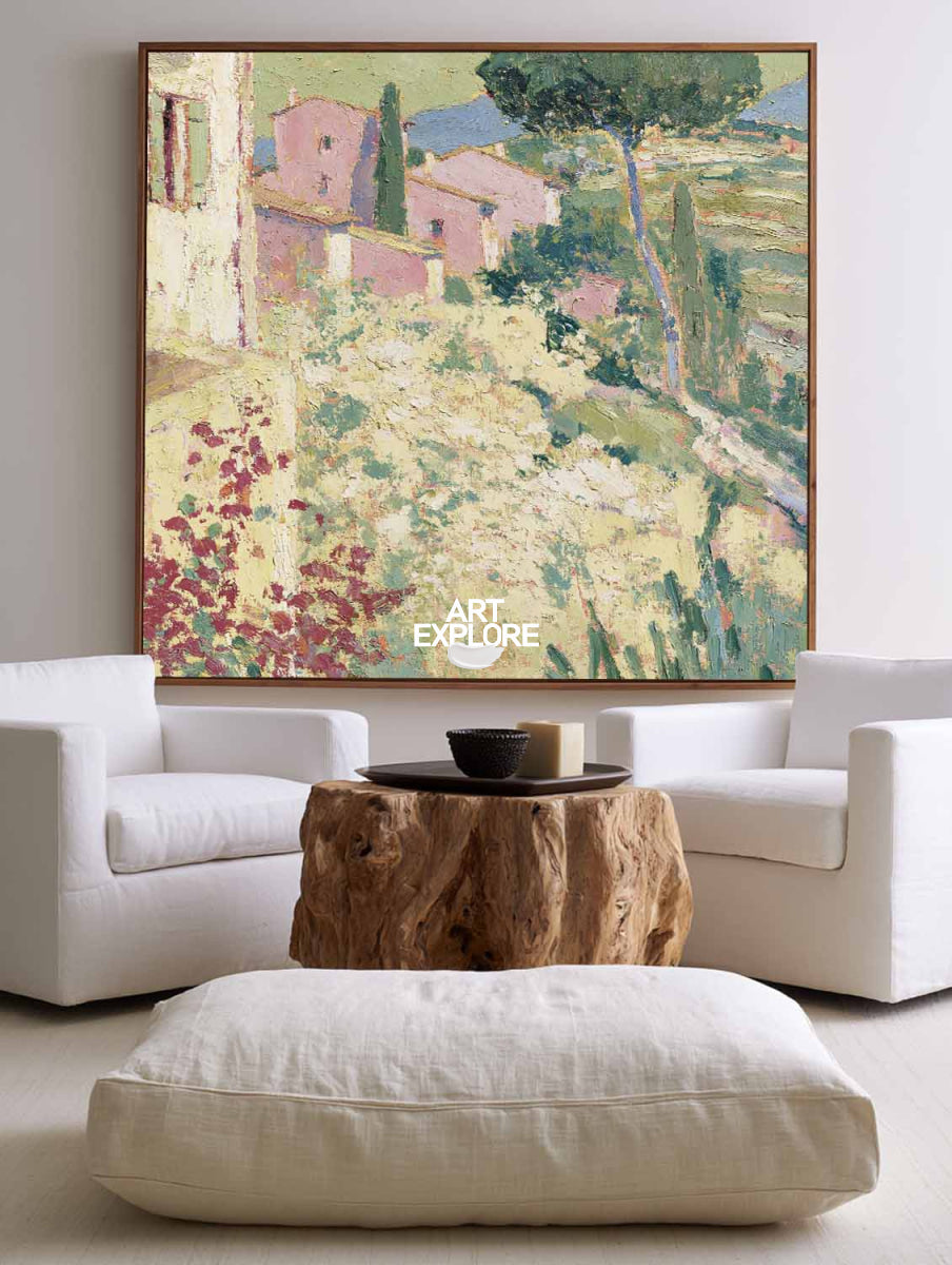 Hand-Painted Mediterranean Landscape Canvas Art With Green Hills And Yellow Sunlight