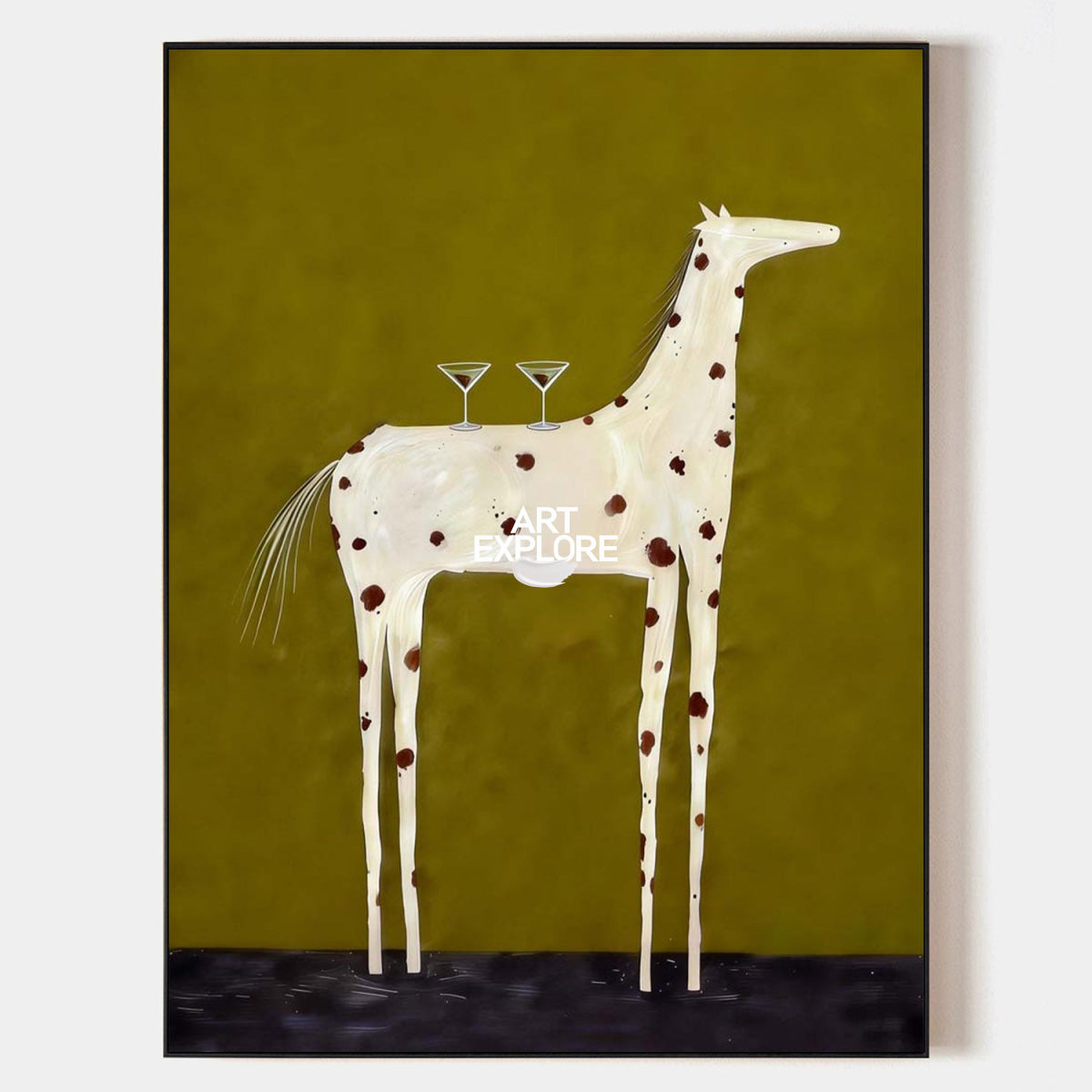 Modern Folk Art Painting Of White Horse With Martini Glasses On Olive Green Canvas