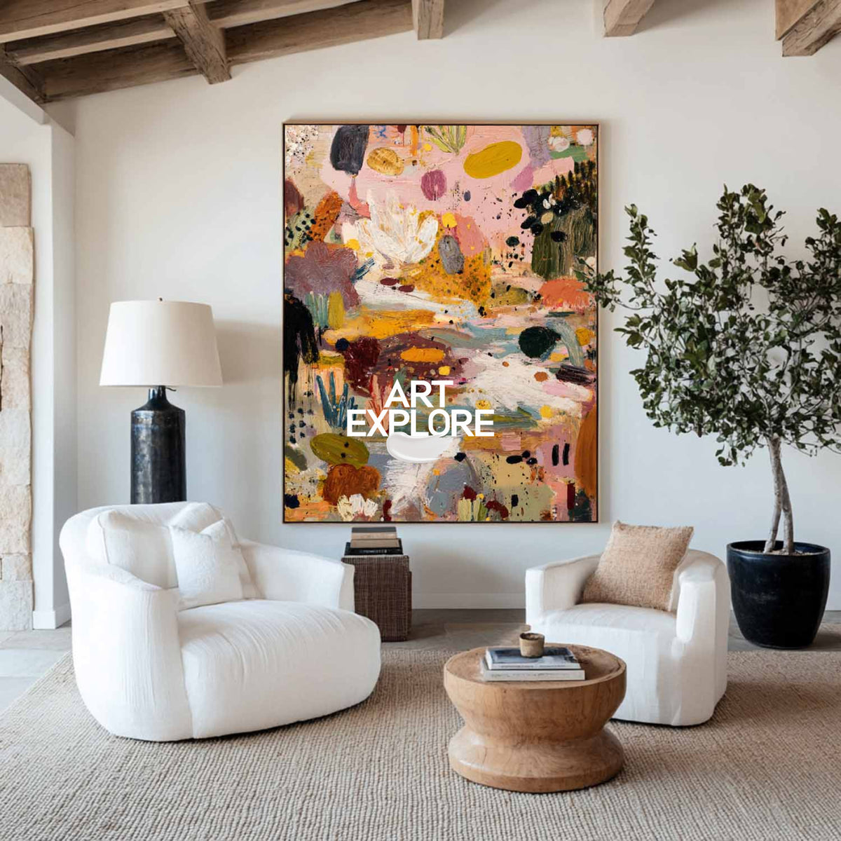 Modern Garden Landscape Artwork, Large Pink Abstract Textured Canvas ArtExplore