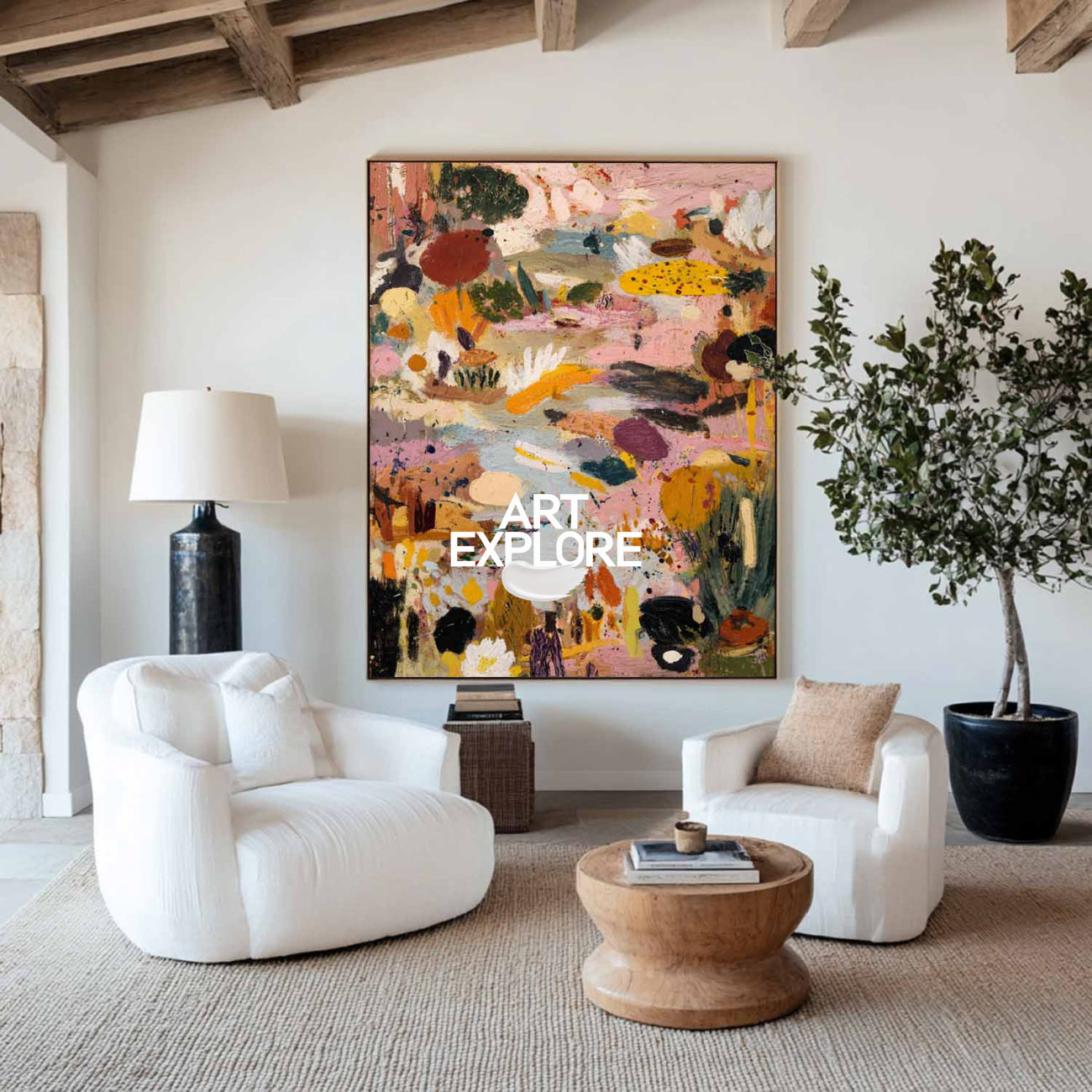 Modern Garden Landscape Artwork, Large Pink Abstract Textured Canvas Ready to Hang ArtExplore