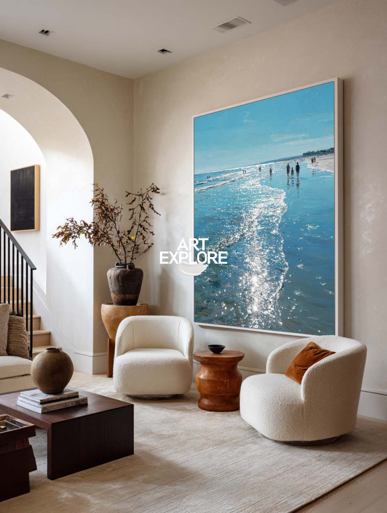 Modern Glistening Sea Painting Large Ready to Hang Coastal Canvas