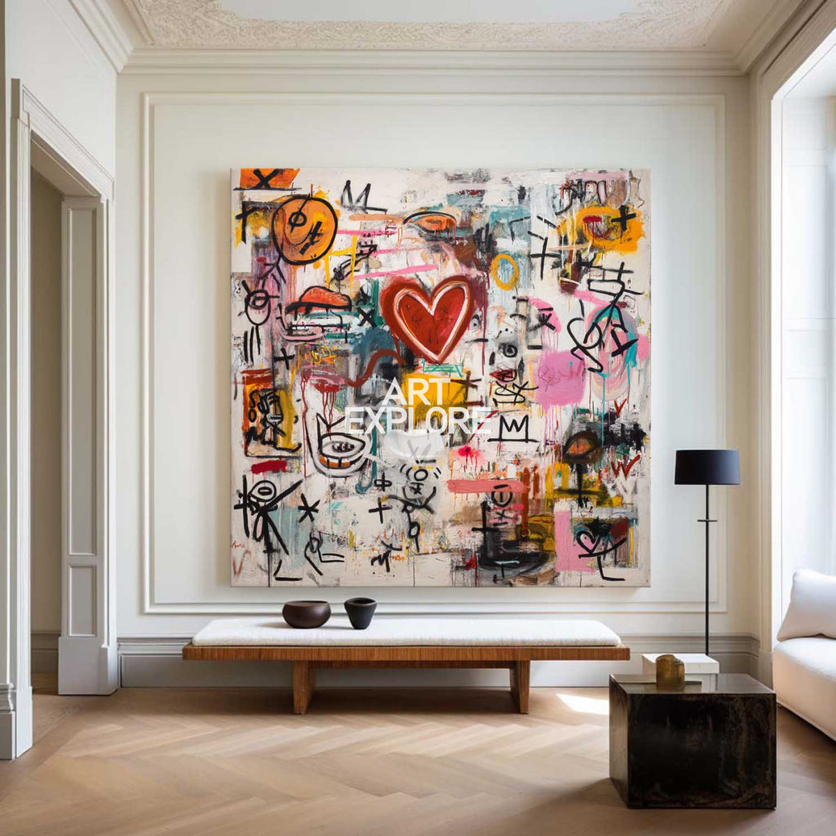 Modern Graffiti Heart Wall Art – Large Handmade Texture Canvas for Living Room