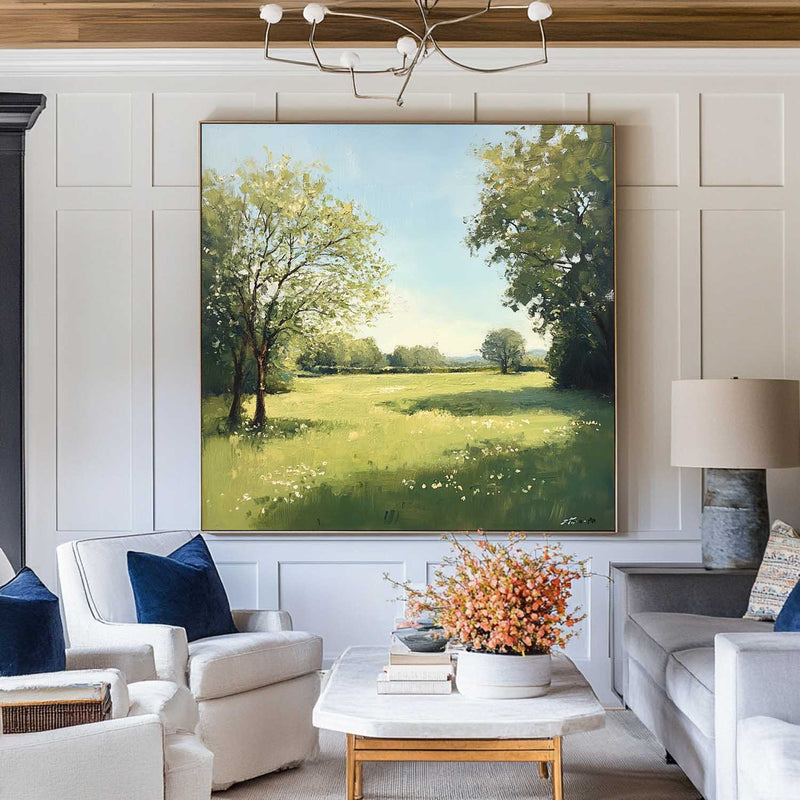 Green Backyard Oil Painting Large Green Fields Wall Art Large Landscape Canvas Art For Livingroom