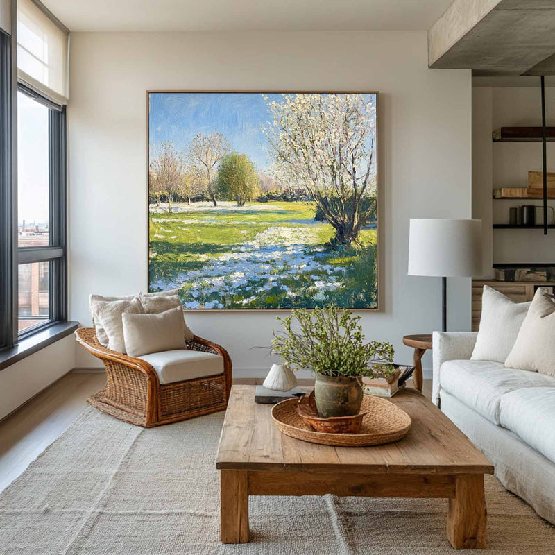 Modern Green Backyard Painting Green Sunny Garden Wall Art Large Green Landscape Canvas Art For Sale