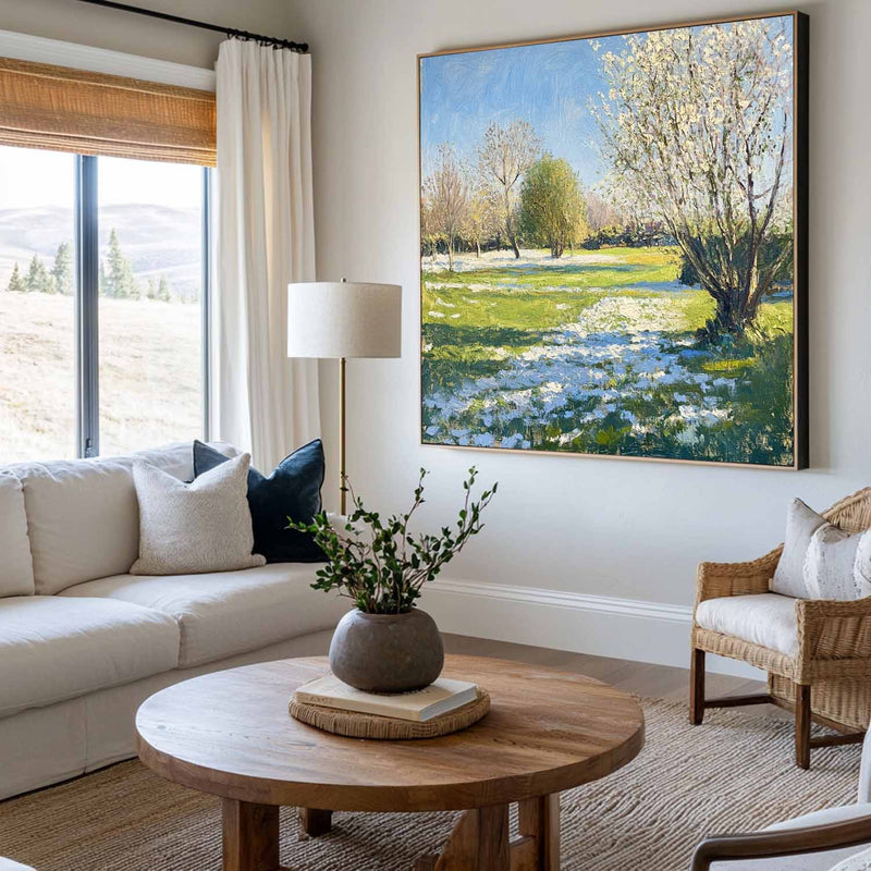 Modern Green Backyard Painting Green Sunny Garden Wall Art Large Green Landscape Canvas Art For Sale