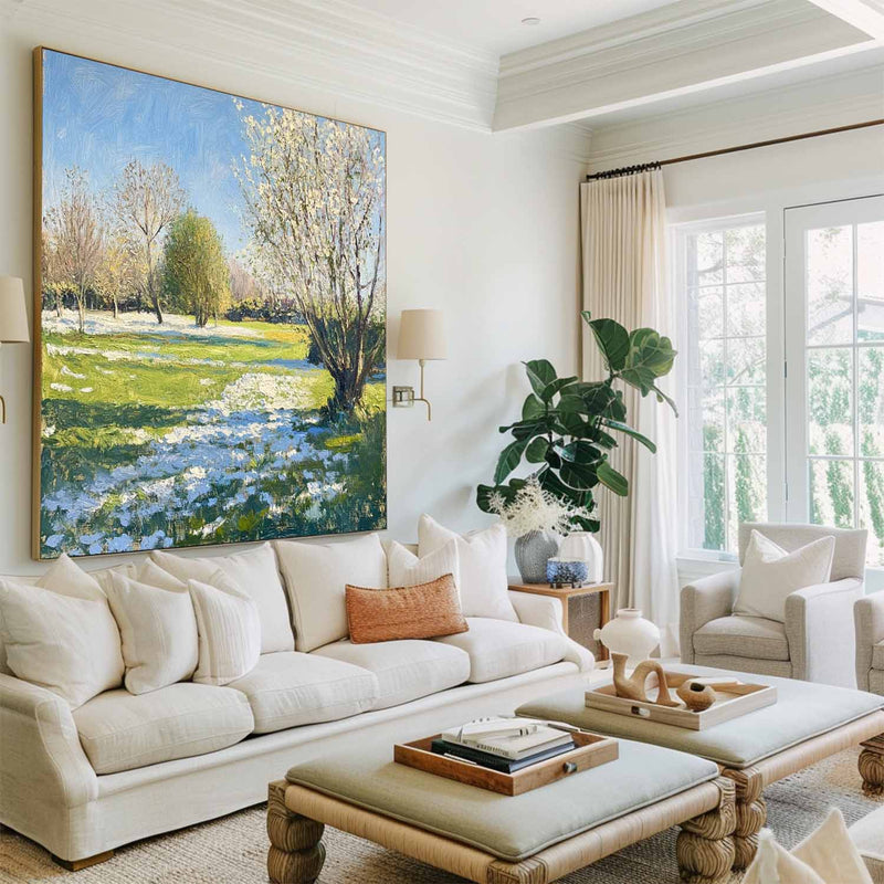 Modern Green Backyard Painting Green Sunny Garden Wall Art Large Green Landscape Canvas Art For Sale