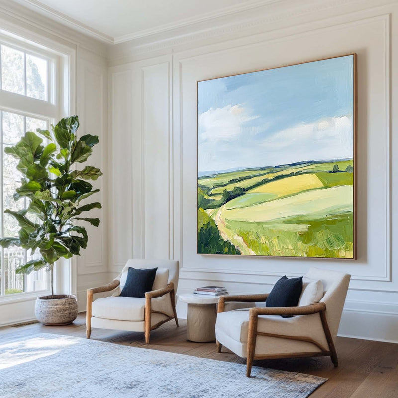 Modern Green Field Wall Art Country Painting Rural Textured Wall Art Field View Canvas Art For Sale